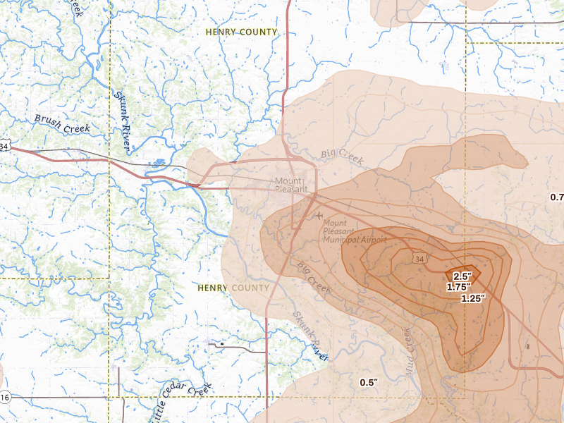 Radar-estimated hail-size map of the storm over Mount Pleasant, IA on Aug 12, 2026