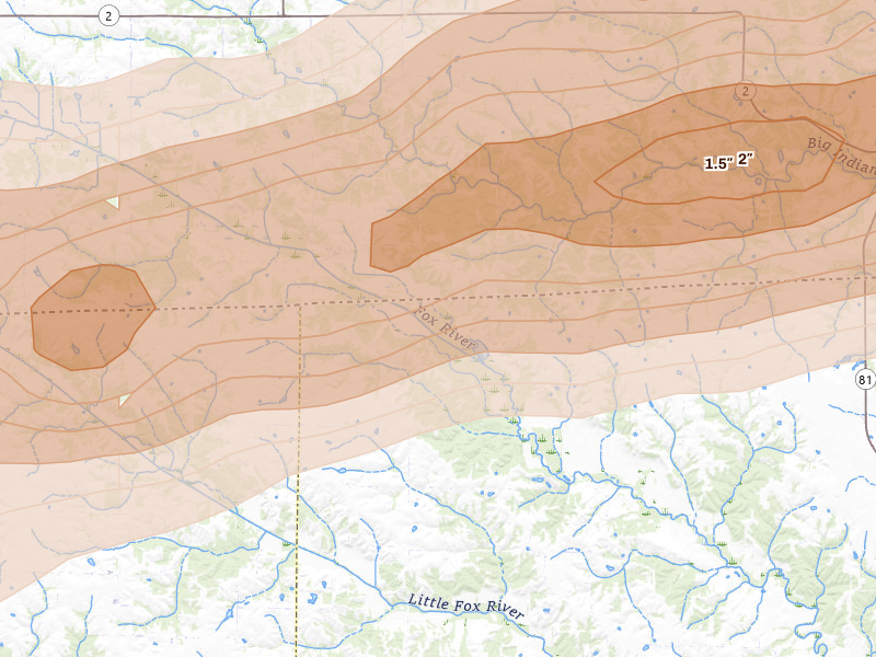 Radar-estimated hail-size map of the storm over Mount Sterling, IA on Mar 10, 2026