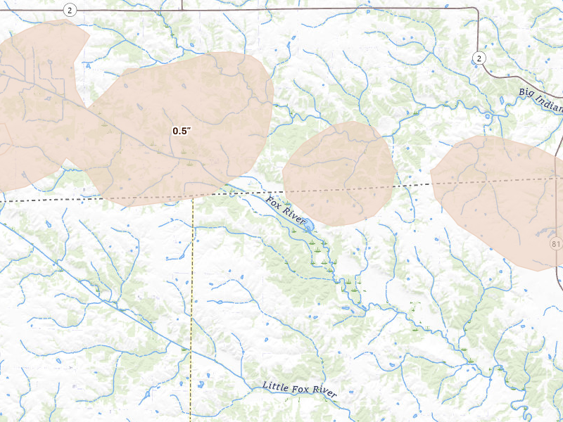 Radar-estimated hail-size map of the storm over Mount Sterling, IA on Mar 26, 2026