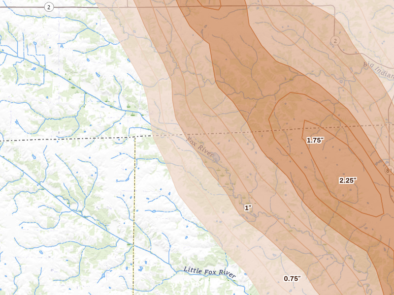 Radar-estimated hail-size map of the storm over Mount Sterling, IA on Aug 7, 2026