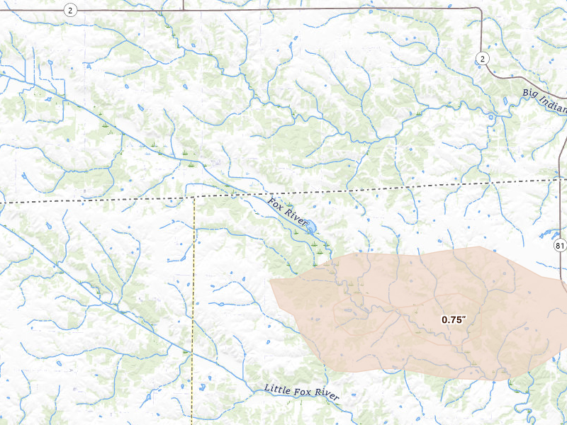 Radar-estimated hail-size map of the storm over Mount Sterling, IA on Aug 15, 2026