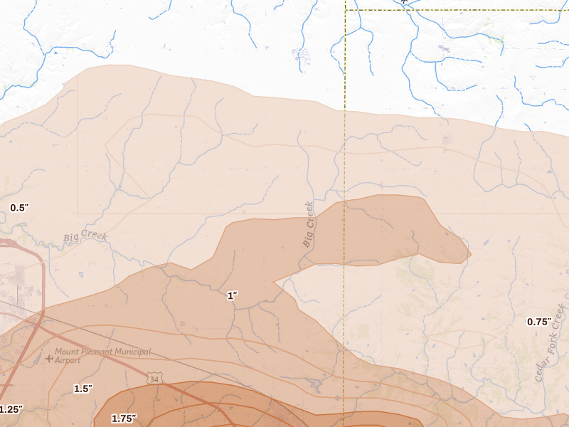 Radar-estimated hail-size map of the storm over Mount Union, IA on Aug 12, 2026