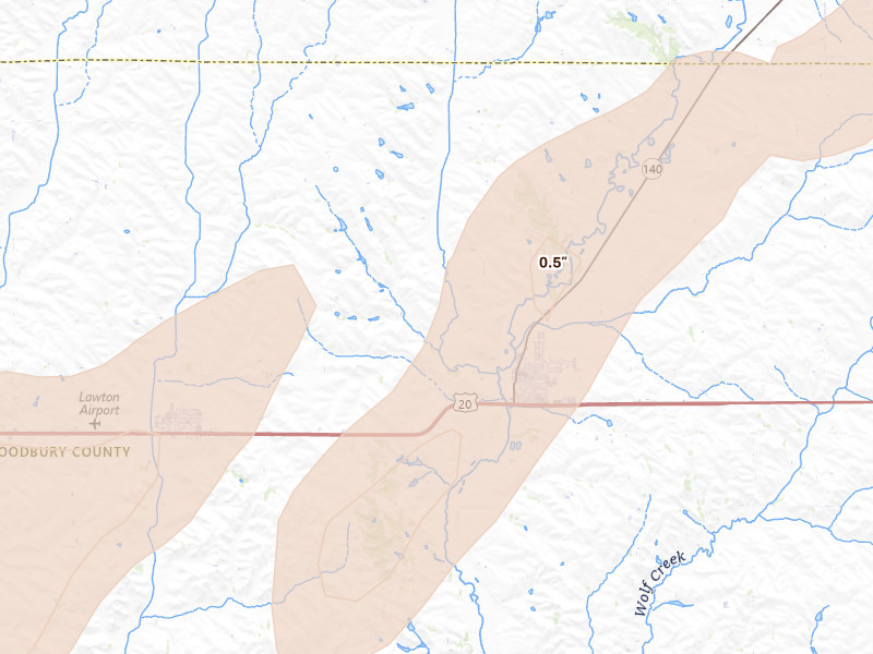 Radar-estimated hail-size map of the storm over Moville, IA on Apr 23, 2026