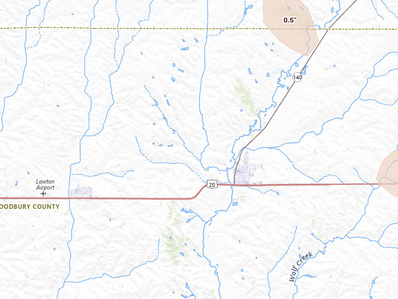 Radar-estimated hail-size map of the storm over Moville, IA on May 16, 2026