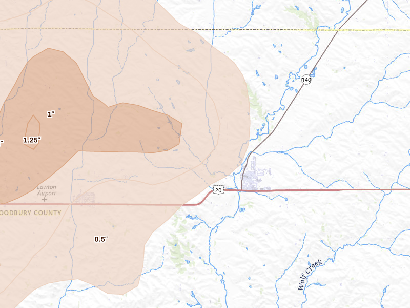 Radar-estimated hail-size map of the storm over Moville, IA on May 17, 2026