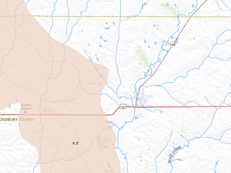 Radar-estimated hail-size map of the storm over Moville, IA on May 31, 2026
