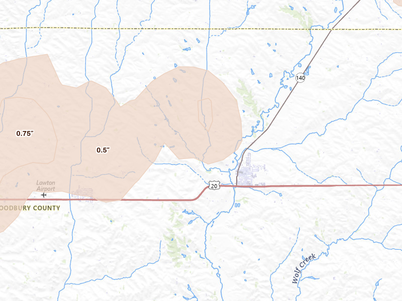 Radar-estimated hail-size map of the storm over Moville, IA on Jun 29, 2026