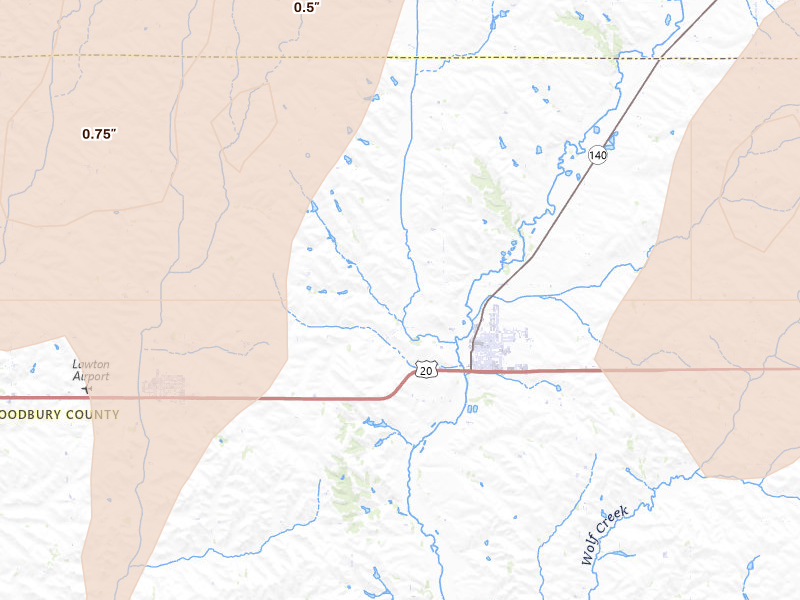 Radar-estimated hail-size map of the storm over Moville, IA on Jun 30, 2026