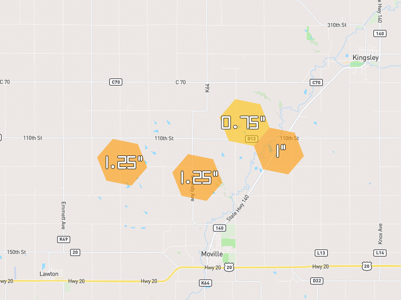 Hail map of Moville, IA on Jun 30, 2026, hail up to 1.25"