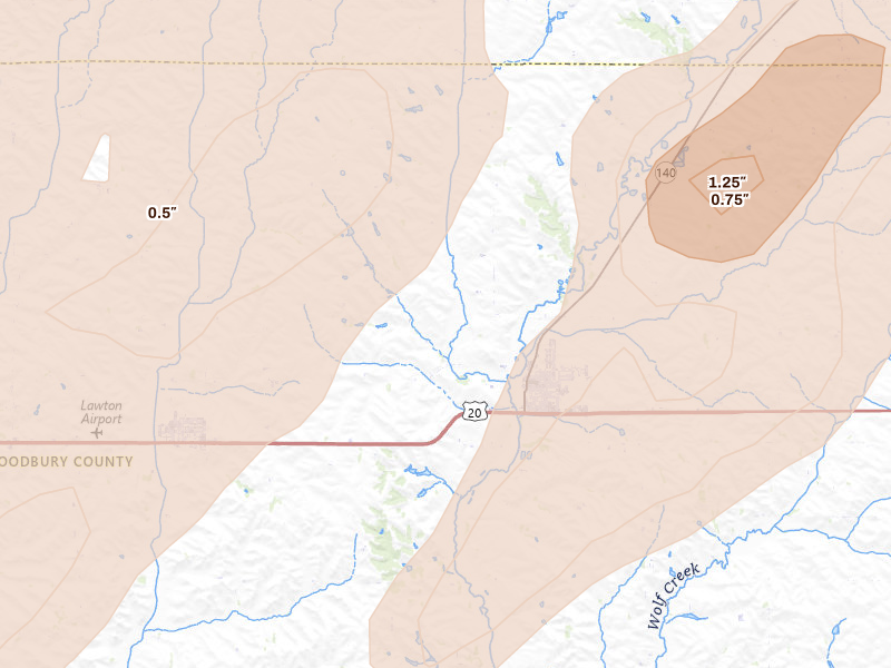 Radar-estimated hail-size map of the storm over Moville, IA on Jul 1, 2026