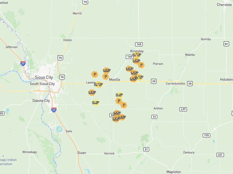 Hail map of Moville, IA on Jul 1, 2026, hail up to 1.25"