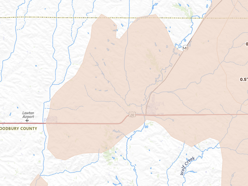 Radar-estimated hail-size map of the storm over Moville, IA on Jul 2, 2026