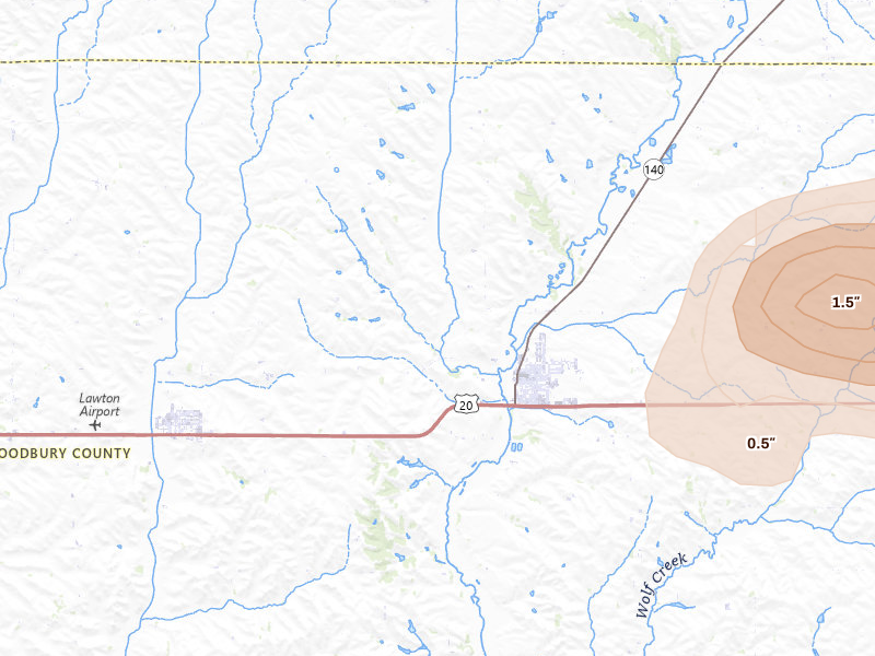Radar-estimated hail-size map of the storm over Moville, IA on Jul 8, 2026