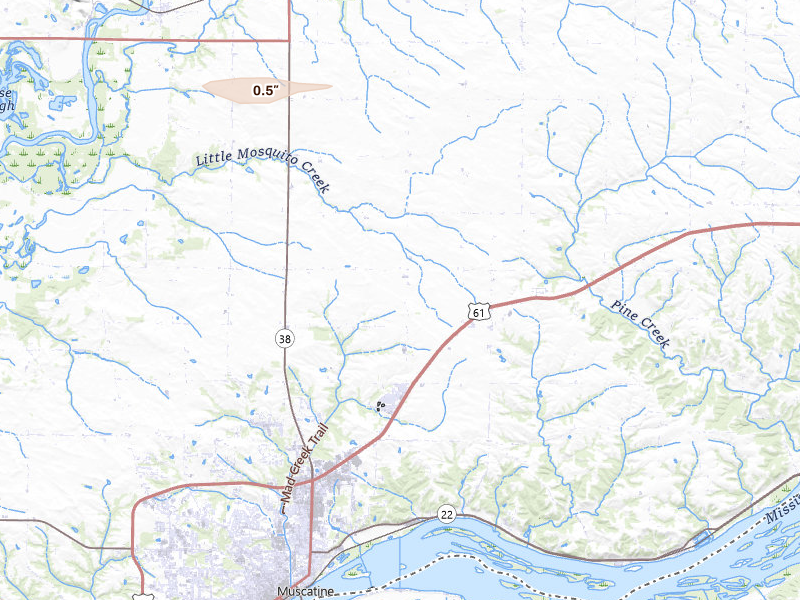 Radar-estimated hail-size map of the storm over Muscatine, IA on Mar 31, 2026