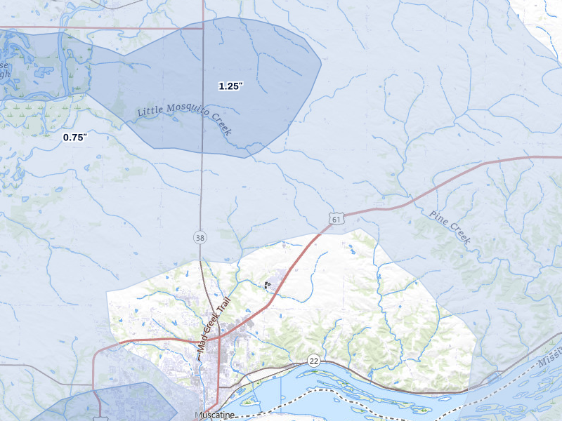 NEXRAD radar-signature map of the hail over Muscatine, IA