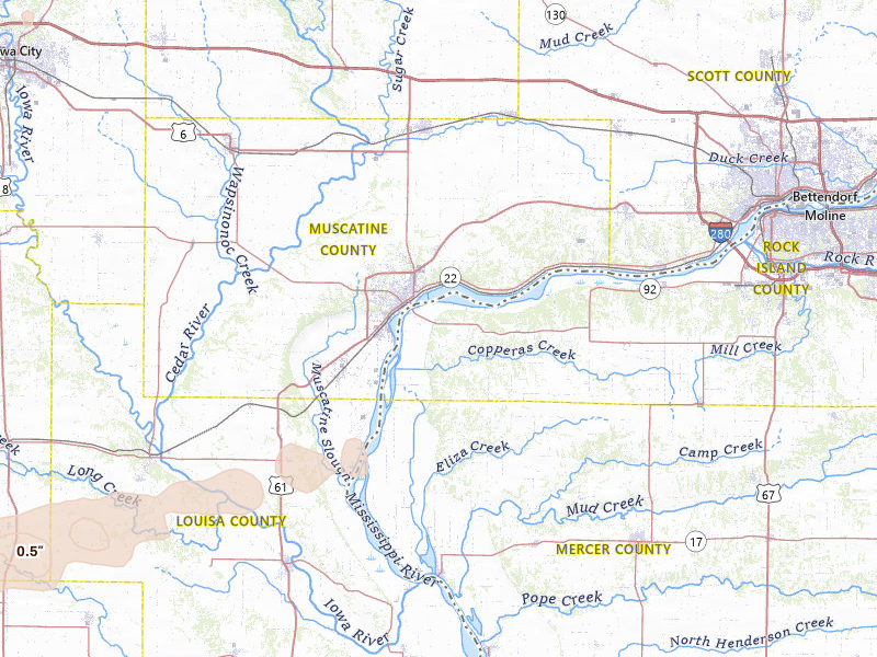 Radar-estimated hail-size map of the storm over Muscatine, IA on Apr 14, 2026
