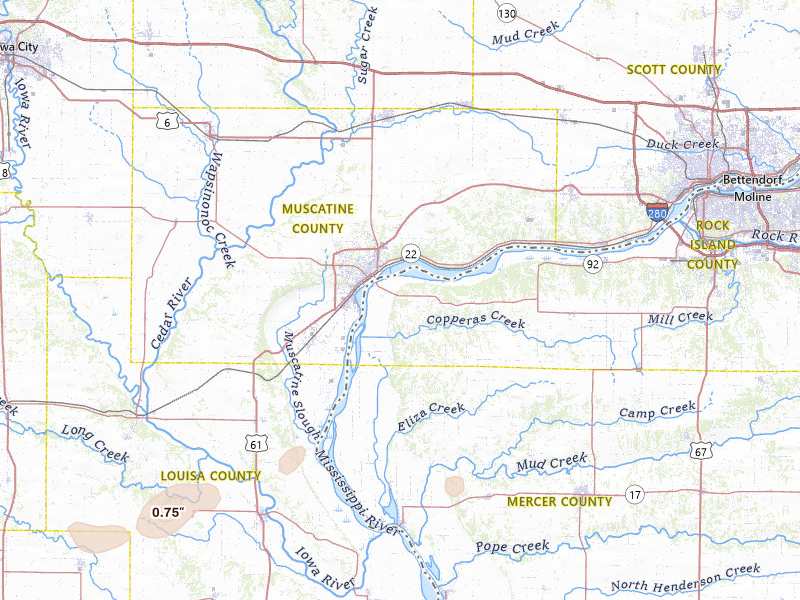 Radar-estimated hail-size map of the storm over Muscatine, IA on May 15, 2026