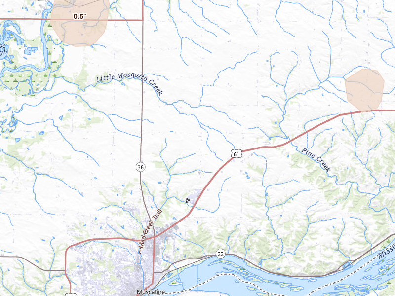 Radar-estimated hail-size map of the storm over Muscatine, IA on Jun 10, 2026