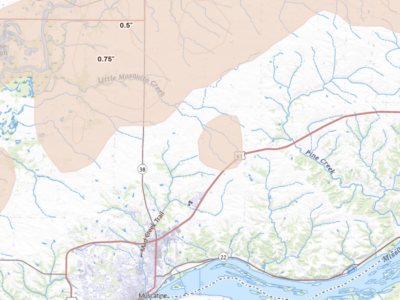 Radar-estimated hail-size map of the storm over Muscatine, IA on Jul 3, 2026