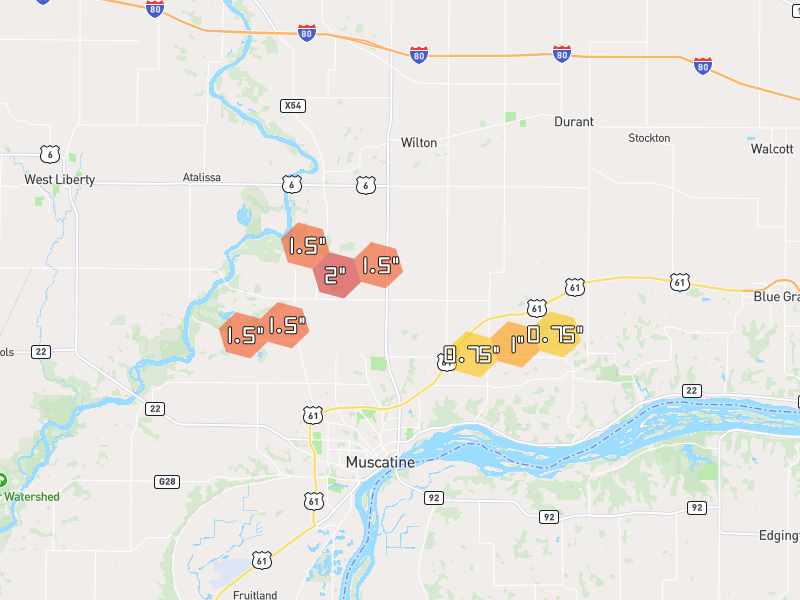 Hail map of Muscatine, IA on Jul 3, 2026, hail up to 2"