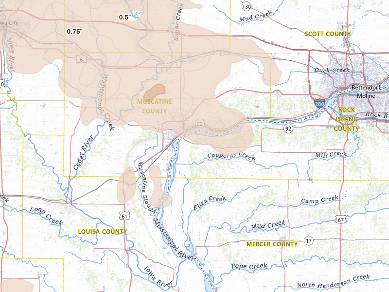 Radar-estimated hail-size map of the storm over Muscatine, IA on Aug 11, 2026