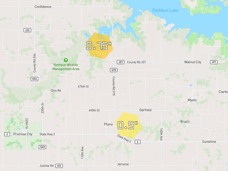Hail map of Mystic, IA on Jun 6, 2026, hail up to 0.75"