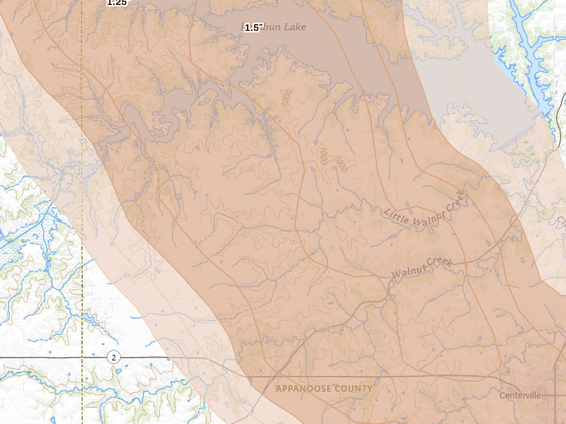 Radar-estimated hail-size map of the storm over Mystic, IA on Jul 20, 2026