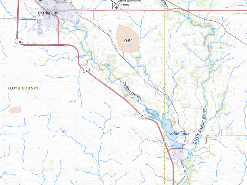 Radar-estimated hail-size map of the storm over Nashua, IA on Jul 1, 2026