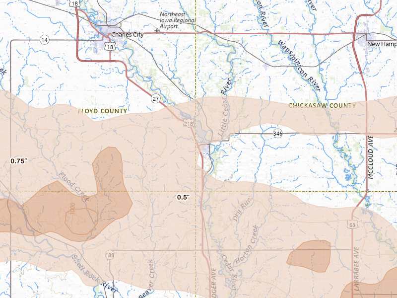 Radar-estimated hail-size map of the storm over Nashua, IA on Aug 7, 2026