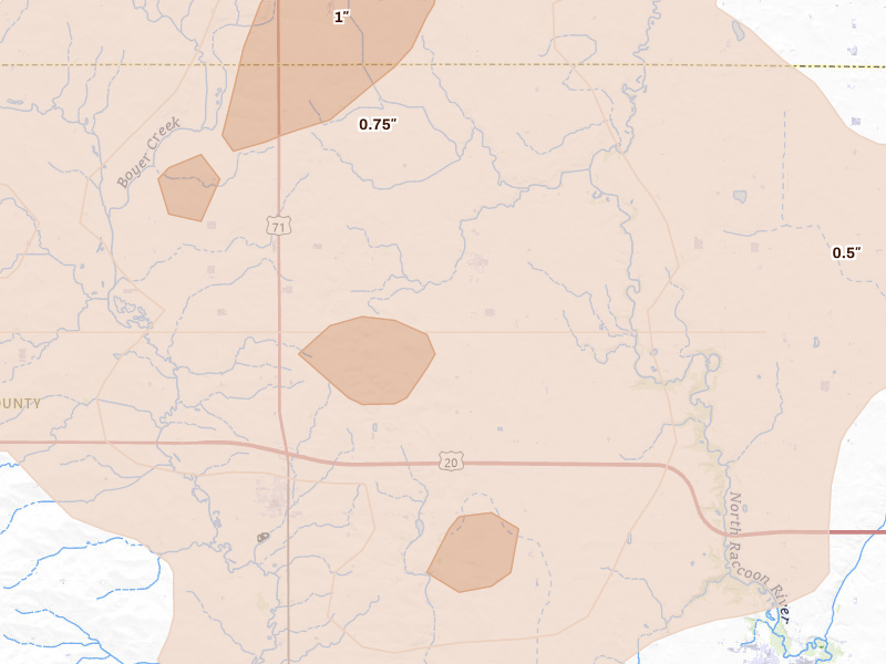 Radar-estimated hail-size map of the storm over Nemaha, IA on May 15, 2026