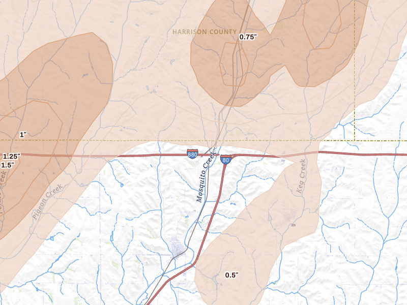 Radar-estimated hail-size map of the storm over Neola, IA on Apr 23, 2026