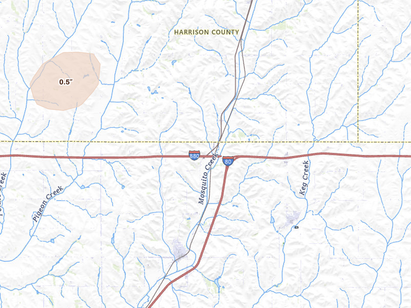 Radar-estimated hail-size map of the storm over Neola, IA on May 18, 2026
