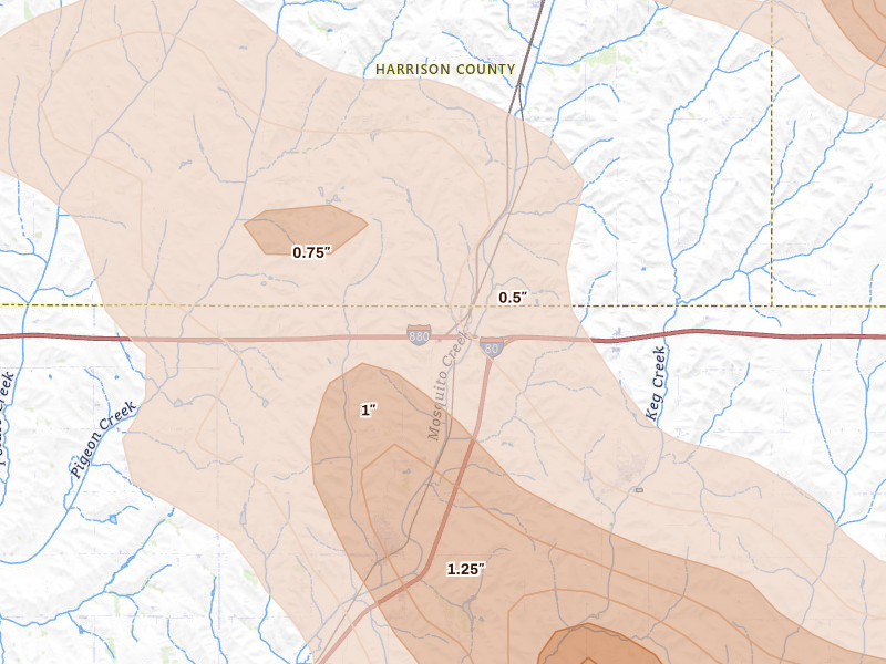 Radar-estimated hail-size map of the storm over Neola, IA on May 31, 2026
