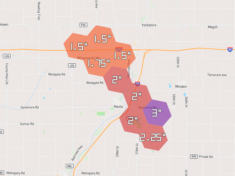 Hail map of Neola, IA on Jun 1, 2026, hail up to 3"