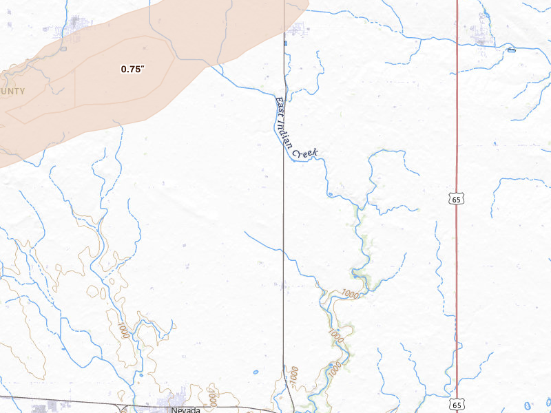 Radar-estimated hail-size map of the storm over Nevada, IA