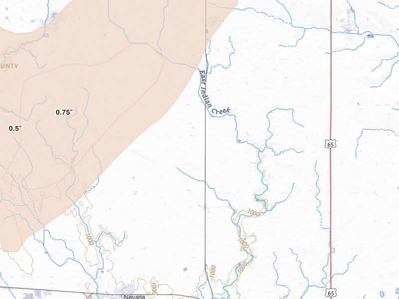 Radar-estimated hail-size map of the storm over Nevada, IA on Jun 10, 2026