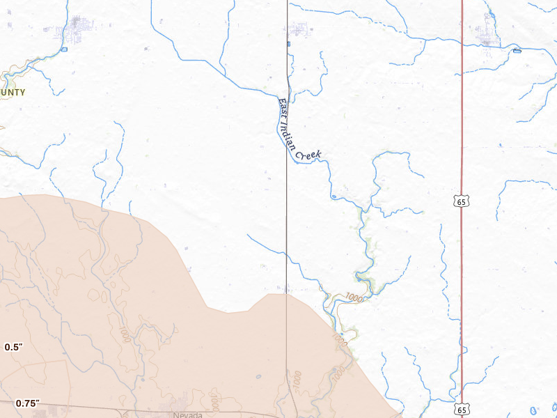 Radar-estimated hail-size map of the storm over Nevada, IA on Jun 16, 2026