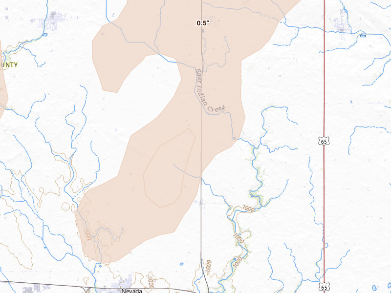 Radar-estimated hail-size map of the storm over Nevada, IA on Jul 2, 2026