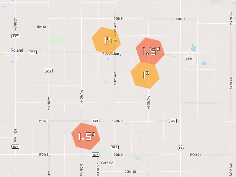 Hail map of Nevada, IA on Jul 2, 2026, hail up to 1.5"