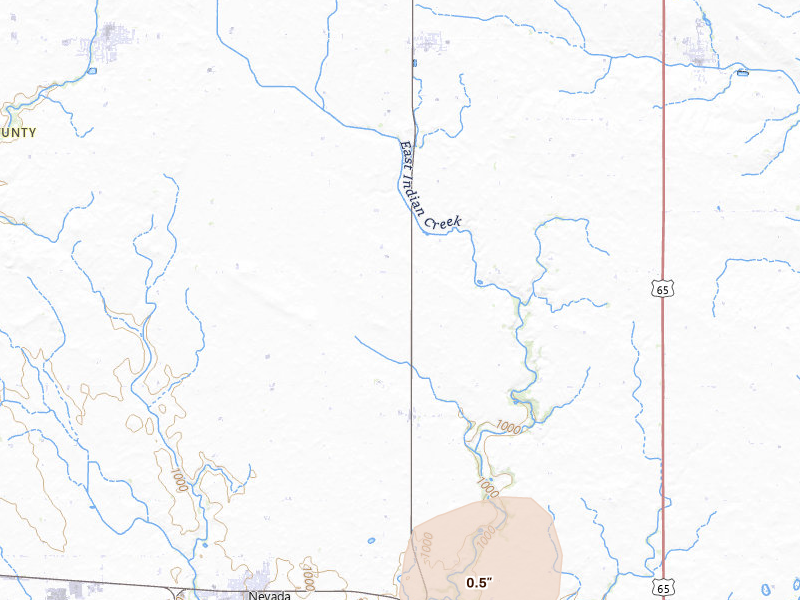 Radar-estimated hail-size map of the storm over Nevada, IA on Jul 3, 2026