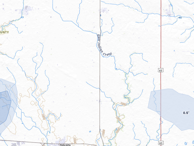 NEXRAD radar-signature map of the hail storm over Nevada, IA on Jul 3, 2026