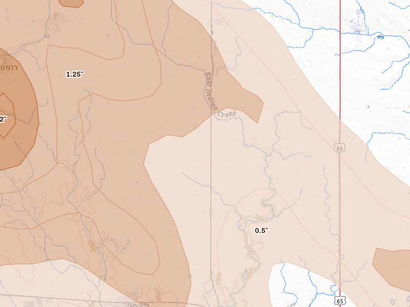 Radar-estimated hail-size map of the storm over Nevada, IA on Jul 20, 2026
