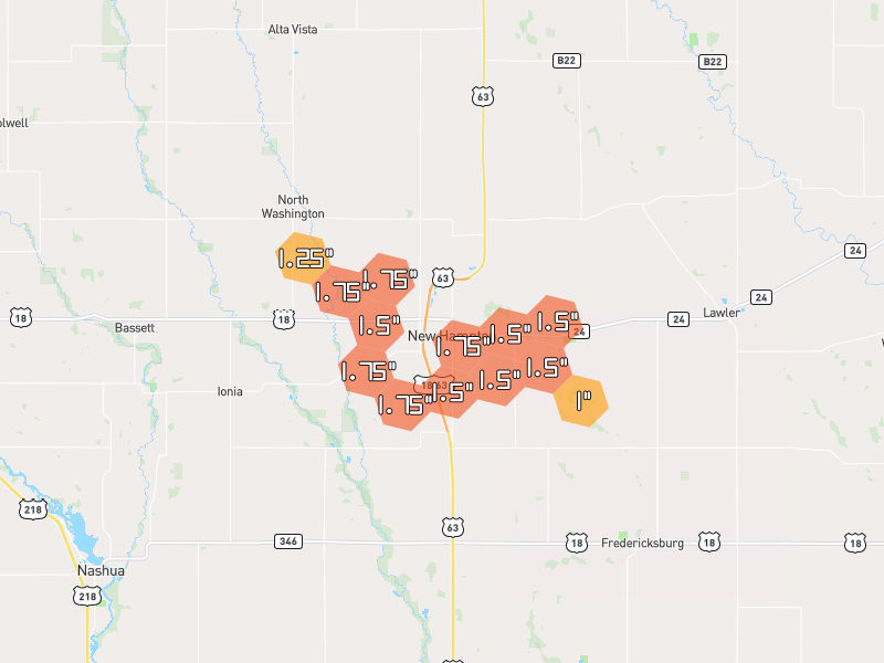 Hail map of New Hampton, IA on Jul 2, 2026, hail up to 1.75"