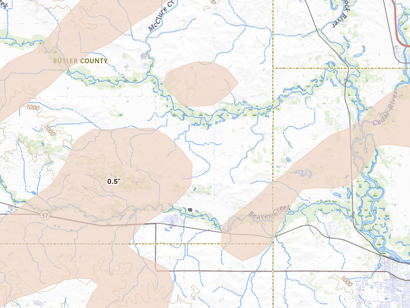 Radar-estimated hail-size map of the storm over New Hartford, IA