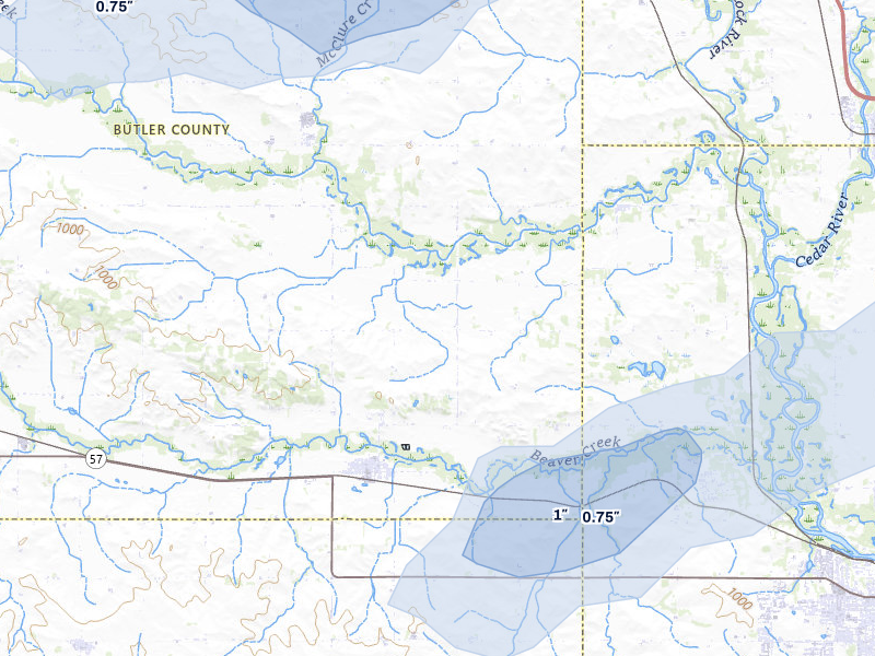 NEXRAD radar-signature map of the hail over New Hartford, IA