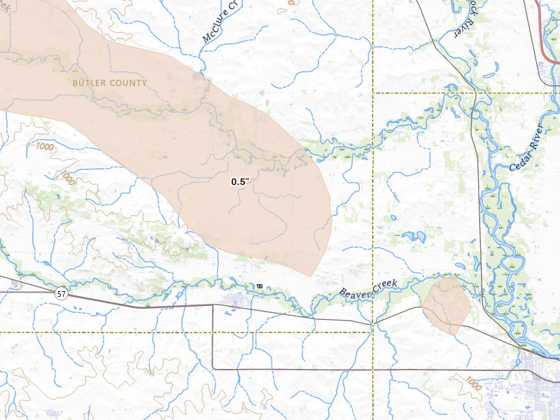 Radar-estimated hail-size map of the storm over New Hartford, IA on Jul 26, 2026