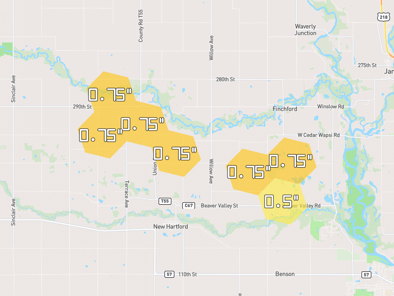 Hail map of New Hartford, IA on Jul 26, 2026, hail up to 0.75"