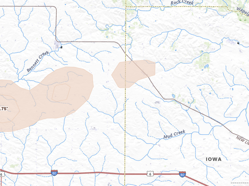 Radar-estimated hail-size map of the storm over New Liberty, IA on Mar 30, 2026