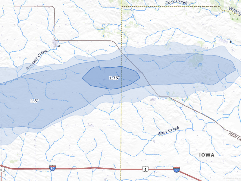 NEXRAD radar-signature map of the hail storm over New Liberty, IA on Mar 30, 2026