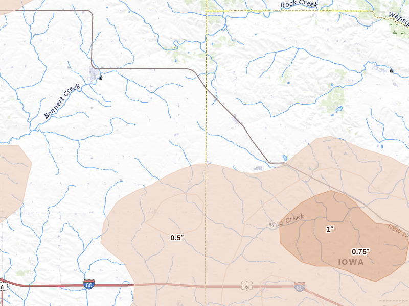 Radar-estimated hail-size map of the storm over New Liberty, IA on Jul 3, 2026